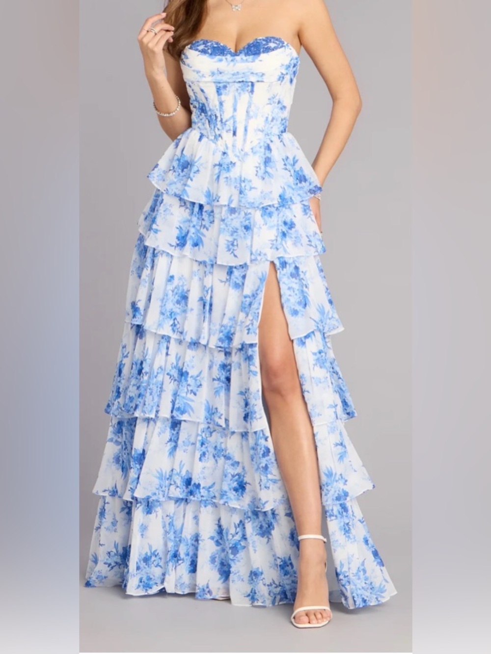 Blue Floral Prom Dress Corset Tiered High Slit Gown Gallery